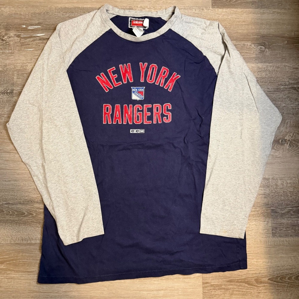 CCM New York Rangers NHL Long Sleeve Shirt Navy Blue Grey Raglan Mens 2XL